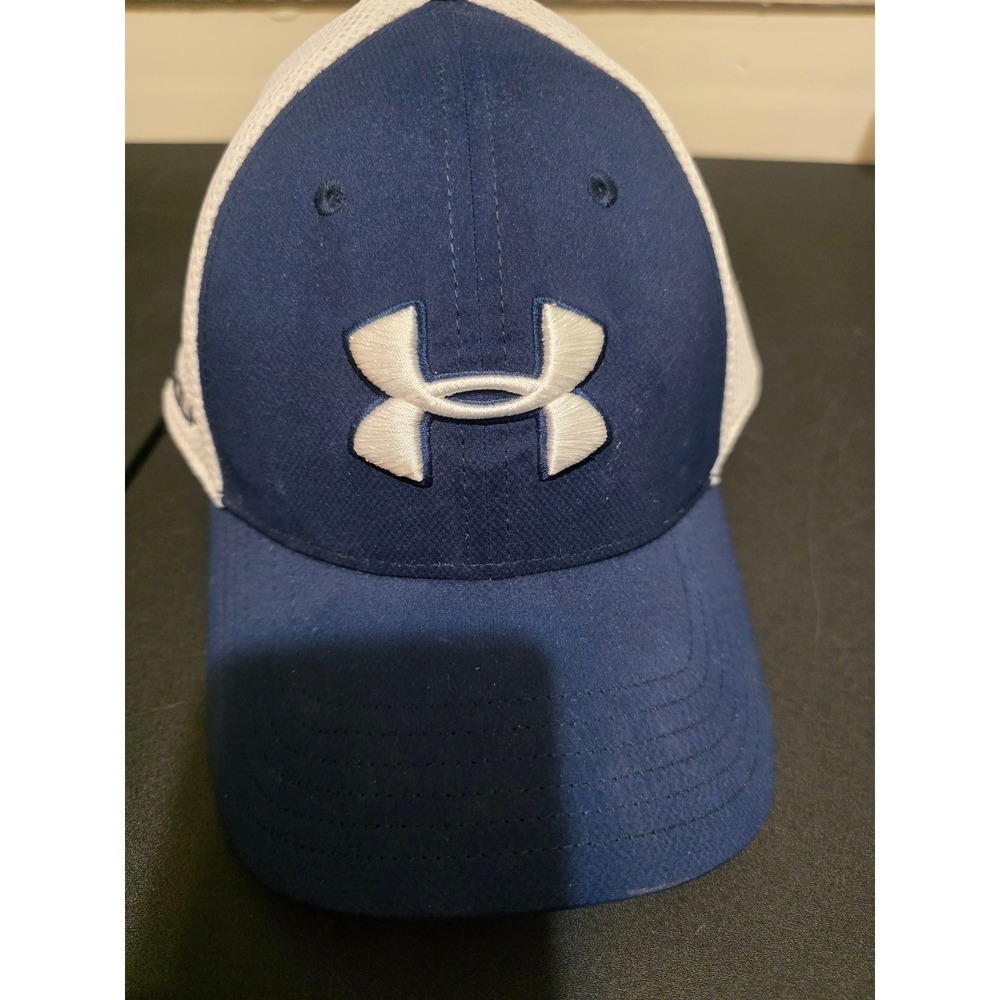 Under Armour Golf Hat Navy Blue White Embroidered Mesh Back Stretch Fit Cap L/XL